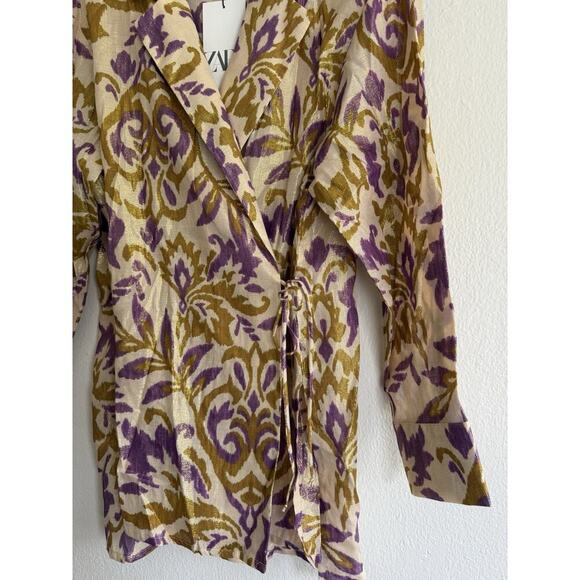 Zara Purple Metallic Gold Blazer And Pants 2 Piece‎ Set Wrap Kimono Cotton Sz L - Picture 5 of 13